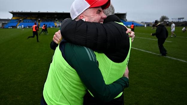 St Brigid’s coach Evan Talty and manager Anthony Cunningham celebrate after the 2025 AIB Connacht Club SFC Final. Photo by David Fitzgerald/Sportsfile