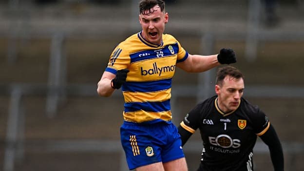 Cian McKeown of Roscommon celebrates after scoring his side's second goal during the Allianz Football League Division 2 match between Roscommon and Down at King & Moffatt Dr Hyde Park in Roscommon. Photo by Ben McShane/Sportsfile.