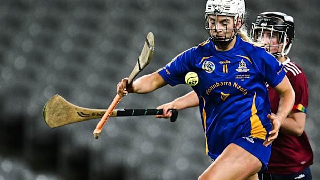 Kate Wall of St Finbarr’s in action against Tarron Kilkenny of Athenry during the AIB All-Ireland Camogie Senior Club Championship final match between Athenry of Galway and St Finbarr's of Cork at Croke Park in Dublin. Photo by Seb Daly/Sportsfile.