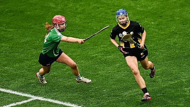 Aimée Collier of Camross in action against Cara O’Sullivan of Ballincollig during the AIB All-Ireland Camogie Intermediate Club Championship final match between Ballincollig of Cork and Camross of Laois at Croke Park in Dublin. Photo by Seb Daly/Sportsfile
