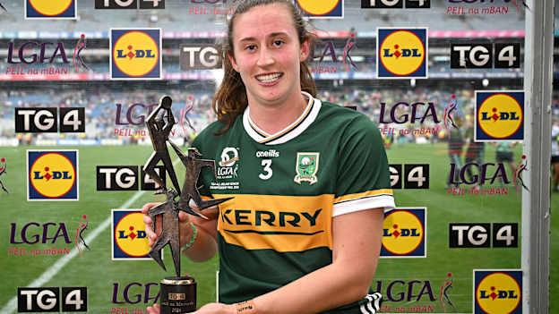 Kerry's Kayleigh Cronin Kerry with the Player of the Match award following the 2024 All-Ireland Final win over Galway at Croke Park. Photo by Seb Daly/Sportsfile