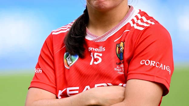 Amy O’Connor of Cork dejected after the 2025 Glen Dimplex All-Ireland Senior Camogie Championship final match between Cork and Galway at Croke Park in Dublin. Photo by Ramsey Cardy/Sportsfile