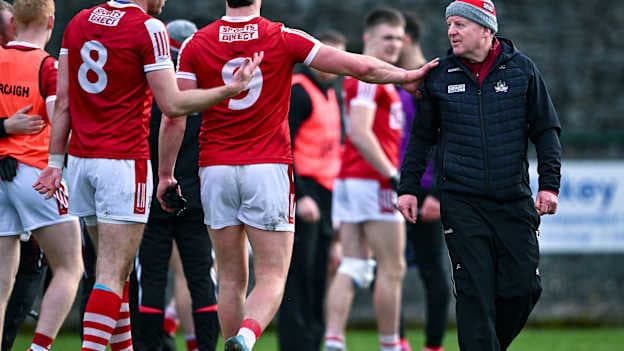Ian Maguire, Colm O'Callaghan, and John Cleary pictured following Cork's Allianz Football League win over Fermanagh in 2024. Photo by Ben McShane/Sportsfile