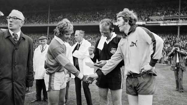 Kerry captain Mickey Ned O'Sullivan and Dublin captain Sean Doherty shake hands before the 1975 All-Ireland SFC Final. 