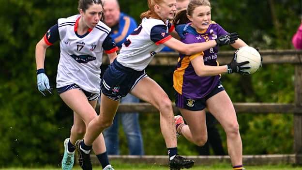 Julie Lyons of Kilmacud Crokes in action against Aoife Flemming of New York during the John West Féile Peile na nÓg Division One Finals 2024 at the Connacht GAA Centre of Excellence in Bekan, Mayo. Photo by Ben McShane/Sportsfile