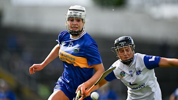 Caoimhe Stakelum of Tipperary is tackled by Alannah McNulty of Waterford during the Munster Senior Camogie Championship final match between Tipperary and Waterford at FBD Semple Stadium in Thurles, Tipperary. Photo by Ray McManus/Sportsfile.