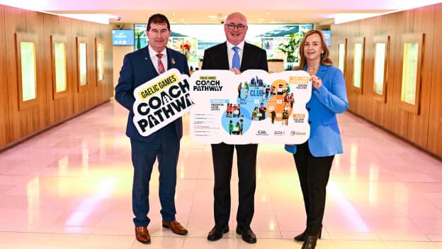 Liam Moggan, chair of the coach development advisory committee, centre, with Uachtarán Cumann Peil Gael na mBan Mícheál Naughton and LGFA chief executive officer Helen O'Rourke at a GAA, LGFA & Camogie Association coaching photoshoot at Croke Park in Dublin. Photo by Piaras Ó Mídheach/Sportsfile. 