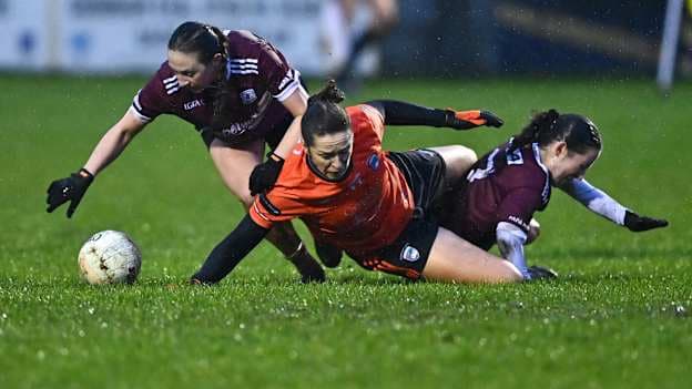 Caroline O'Hanlon of Armagh in action against Chellene Trill, left, and Aoife Molloy of Galway during the 2026 Lidl Ladies National Football League Division 1 Round 4 match between Galway and Armagh at Duggan Park in Ballinasloe, Galway. Photo by Tyler Miller/Sportsfile.
