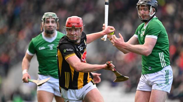 Adrian Mullen of Kilkenny is tackled by Declan Hannon of Limerick during the Allianz Hurling League Division 1 semi-final match between Limerick and Kilkenny at SuperValu Páirc Ui Chaoimh in Cork. Photo by Brendan Moran/Sportsfile.