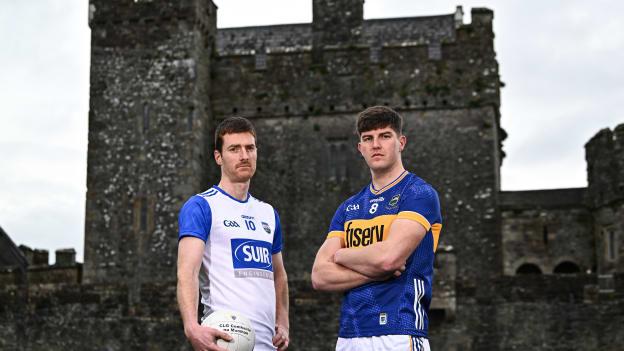 Footballers Jason Curry of Waterford and Steven O’Brien of Tipperary pictured at the launch of the Munster GAA Senior Hurling and Football Championship 2024 at Cahir Castle in Tipperary. Photo by Harry Murphy/Sportsfile.