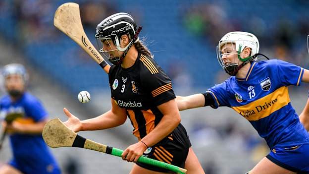 Tiffanie Fitzgerald of Kilkenny is tackled by Clodagh McIntyre of Tipperary during the Glen Dimplex Senior All-Ireland Camogie Championship quarter-final match between Kilkenny and Tipperary at Croke Park in Dublin. Photo by Ray McManus/Sportsfile.