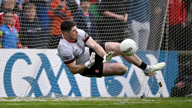 Derry goalkeeper Odhran Lynch saves a penalty at Hastings Insurance MacHale Park. Photo by Seb Daly/Sportsfile