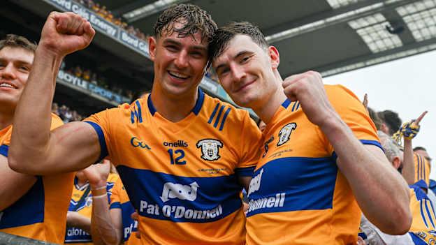 Peter Duggan and David Fitzgerald of Clare after the GAA Hurling All-Ireland Senior Championship Final between Clare and Cork at Croke Park in Dublin. Photo by Ray McManus/Sportsfile.
