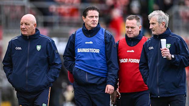 Terence McNaughton, Damien Coleman, Michael Kavanagh and Kieran Kingston at half-time during the 2023 Hurling Shinty International Game between Ireland and Scotland at Páirc Esler. Photo by Piaras Ó Mídheach/Sportsfile