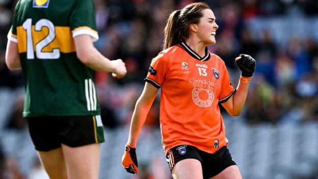 Armagh's Aimee Mackin celebrates after scoring a goal in the Ladies Football League Final against Kerry at Croke Park. Photo by Piaras Ó Mídheach/Sportsfile