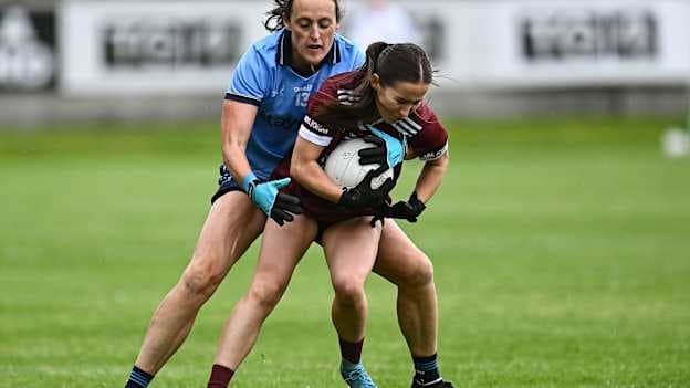 Aoife Molloy of Galway in action against Hannah Tyrrell of Dublin during the 2025 TG4 All-Ireland Ladies Football Senior Championship semi-final match between Dublin and Galway at Glenisk O’Connor Park in Tullamore, Offaly. Photo by Piaras Ó Mídheach/Sportsfile.