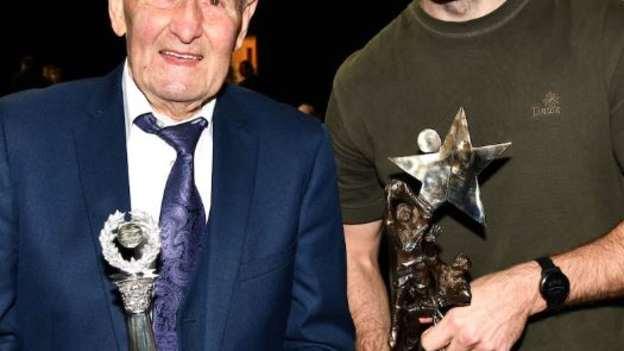 1964 Footballer of the Year Noel Tierney pictured with 2024 Footballer of the Year Paul Conroy last week.