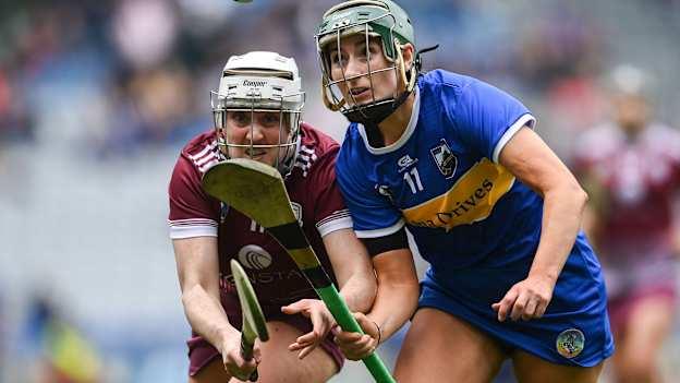 Caoimhe Maher, Tipperary, and Ailish O’Reilly, Galway, in action during the 2024 Very Camogie League Division 1A Final at Croke Park. Photo by David Fitzgerald/Sportsfile