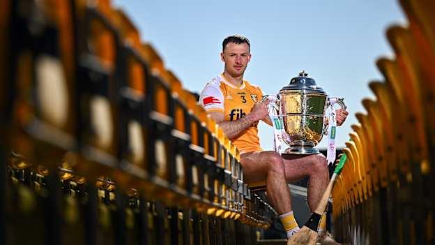 Antrim hurler Paddy Burke poses for a portrait with the Bob O'Keeffe Cup at the launch of the 2025 Leinster GAA Senior Hurling Championship at UPMC Nowlan Park. Photo by Sam Barnes/Sportsfile