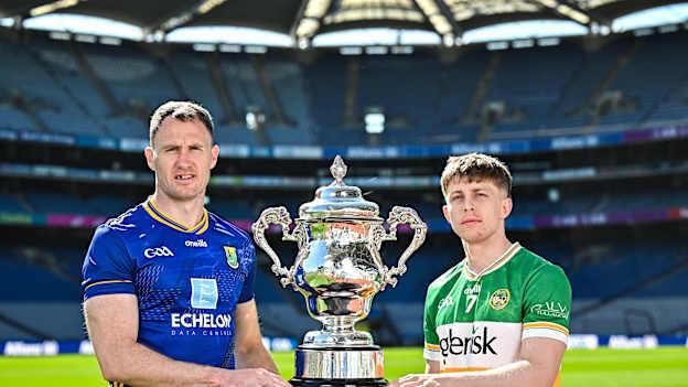 Dean Healy of Wicklow, left, and Lee Pearson of Offaly, pictured with the Tailteann Cup at the launch of the Tailteann Cup at Croke Park in Dublin. Photo by Sam Barnes/Sportsfile.