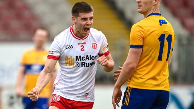 Niall Devlin of Tyrone celebrates scoring his side's second goal during the GAA Football All-Ireland Senior Championship Round 2 match between Tyrone and Clare at O'Neill's Healy Park in Omagh, Tyrone. Photo by Oliver McVeigh/Sportsfile