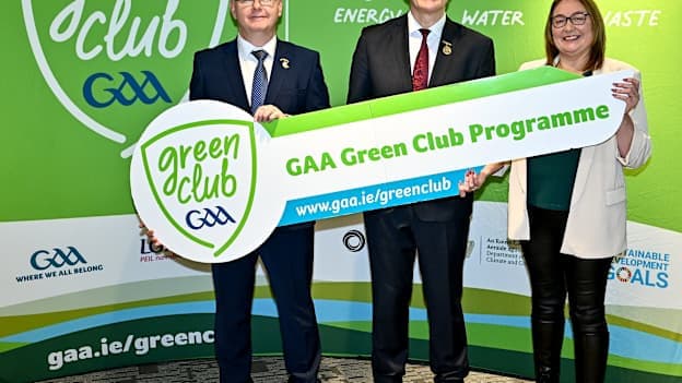 Uachtarán Chumann Lúthchleas Gael Jarlath Burns with Camogie Association president Brian Molloy, left, and Uachtarán Cumann Peil Gael na mBan Trina Murray pictured at Croke Park in Dublin during the Gaelic Athletic Association (GAA) and County & City Management Association (CCMA) Memorandum of Understanding (MOU) signing ceremony for the GAA Green Club Programme. Photo by Piaras Ó Mídheach/Sportsfile