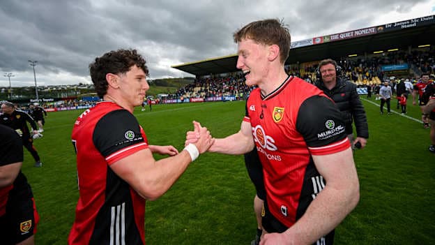 Pierce Laverty, left, and Odhran Murdock of Down celebrate after the Ulster GAA Football Senior Championship quarter-final match between Donegal and Down at O'Donnell Park in Letterkenny, Donegal. Photo by Ramsey Cardy/Sportsfile.