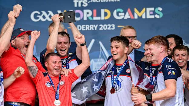New York captain James Breen lifts the trophy after the Hurling International Cup Final Séamus Howlin Cup on day five of the FRS Recruitment GAA World Games 2023 at Celtic Park. Photo by Piaras Ó Mídheach/Sportsfile