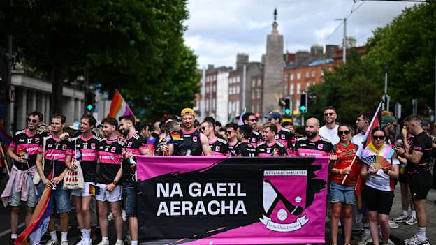 Attendees take part in the parade on O'Connell Street during the Gaelic Games Pride Celebrations in Dublin. Photo by David Fitzgerald/Sportsfile.