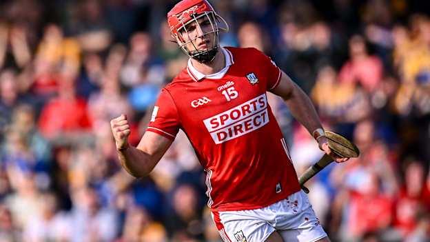 Brian Hayes of Cork celebrates scoring his side's third goal during the Allianz Hurling League Division 1A match between Clare and Cork at Zimmer Biomet Páirc Chíosóg in Ennis, Clare. Photo by Piaras Ó Mídheach/Sportsfile.
