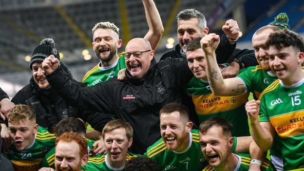 Glen manager Malachy O'Rourke celebrates with his players at Croke Park. Photo by Ramsey Cardy/Sportsfile