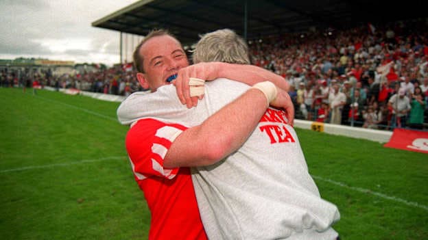 Cork captain Niall Cahalane celebrates with manager Billy Morgan following the 1995 Munster Senior Football Championship Final between Kerry and Cork at Fitzgerald Stadium in Killarney, Co. Kerry. Photo by Brendan Moran/Sportsfile