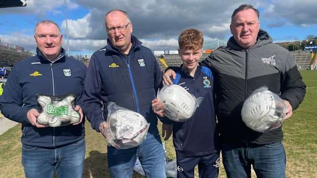 Patrick Delaney, Regional Hurling Development Officer for Cavan & Fermanagh presents hurling equipment to East Cavan Gaels player Kyle Mulligan, with Cavan GAA Chairperson Mark O’Rourke, and John Keating also pictured at Kingspan Breffni.