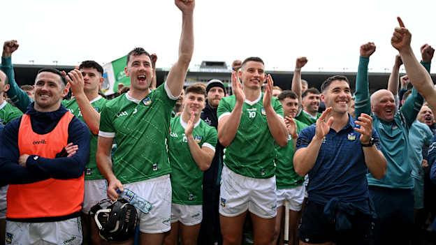 Limerick players, from left, Darragh O'Donovan, Diarmaid Byrnes, Gearóid Hegarty and Sean Finn celebrate after the Munster GAA Hurling Senior Championship final match between Clare and Limerick at FBD Semple Stadium in Thurles, Tipperary. Photo by Brendan Moran/Sportsfile.