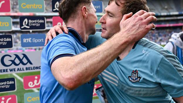 Conor Burke and Niall Ó Ceallacháin celebrate following Dublin's All-Ireland SHC Quarter-Final win over Limerick at Croke Park. Photo by Ramsey Cardy/Sportsfile