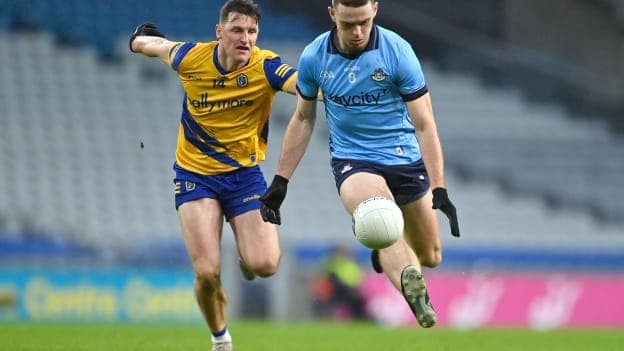 Brian Fenton, Dublin, and Diarmuid Murtagh, Roscommon, in Allianz Football League action earlier this year. Photo by Stephen Marken/Sportsfile
