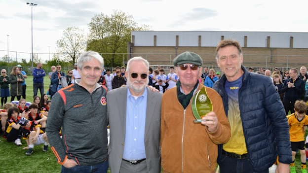 Pictured left to right are EC Brussels GAA club Chairperson, Eoghan O'Neill, Irish Ambassador to Belgium, Kevin Conmy, EC Brussels founder, Liam Breslin, and Gaelic Games Europe Chairperson, Rory Conway. 