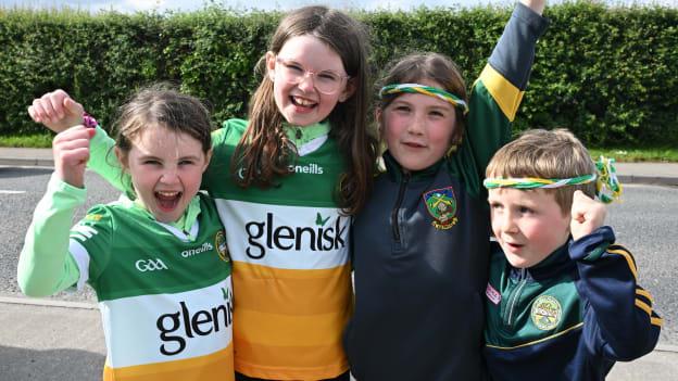 Offaly supporters, from left, Sally, six years, and Emma Bracken, 8, with their cousins, Amy, 7, and David Lee, 5, from Ballyboy Kilcormac before the oneills.com Leinster GAA Hurling U20 Championship final match between Dublin and Offaly at Laois Hire O'Moore Park in Portlaoise, Laois. Photo by Ray McManus/Sportsfile