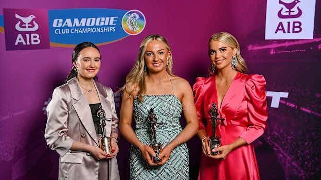 Loughgiel Shamrocks' Amy Boyle, Róisín McCormick, and Caitrin Dobbin pictured at the 2023 AIB Camogie Club Player Awards. Photo by David Fitzgerald/Sportsfile