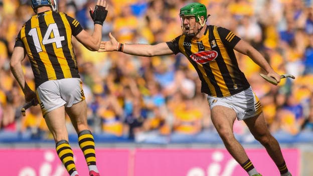 TJ Reid and Eoin Cody celebrate after a Kilkenny goal in the 2023 All-Ireland SHC Semi-Final against Clare at Croke Park. Photo by John Sheridan/Sportsfile