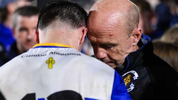  Former Errigal Ciaran player Peter Canavan shares a quiet moment with his son, and Errigal Ciaran captain, Darragh Canavan, after the 2024 Tyrone County Senior Club Football Championship final match between Errigal Ciarán and Trillick at O'Neills Healy Park in Omagh, Tyrone. Photo by Ramsey Cardy/Sportsfile