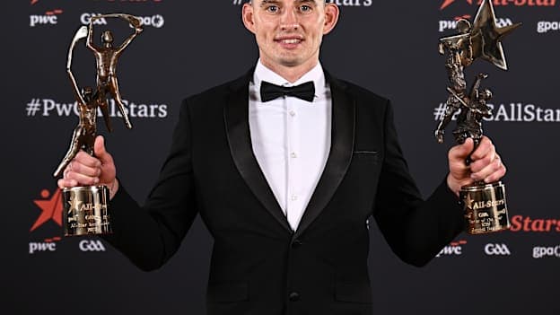 Limerick hurler Gearóid Hegarty with his PwC GAA/GPA Hurler of the Year Award and his PwC GAA/GPA All-Star Award during the 2026 PwC GAA/GPA All-Star Awards at the RDS in Dublin. Photo by Seb Daly/Sportsfile.