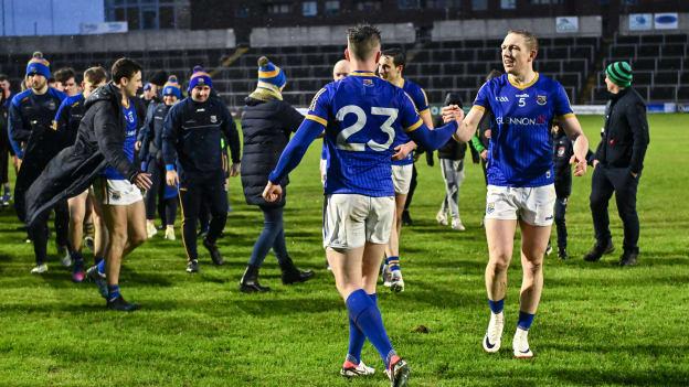 Mickey Quinn and Paddy Fox celebrate following Longford's Dioraltye O'Byrne Cup triumph in January. Photo by Piaras Ó Mídheach/Sportsfile