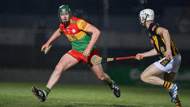 Paudie O'Shea, Carlow, and Paul Henebery, Kilkenny, in Dioralyte Walsh Cup action. Photo by Sam Barnes of Sportsfile