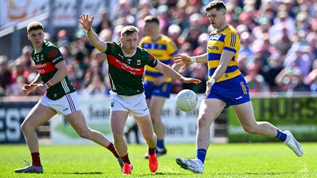Keith Doyle of Roscommon in action against Ryan O'Donoghue of Mayo during the Connacht GAA Football Senior Championship semi-final match between Mayo and Roscommon at Hastings Insurance MacHale Park in Castlebar, Mayo. Photo by Piaras Ó Mídheach/Sportsfile.