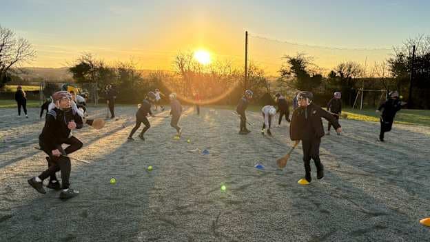 Young hurlers in St. Fintan's NS, Taghmon pictured partcipating in the Freshtoday Hurling 365 programme last year on a wintry day. 