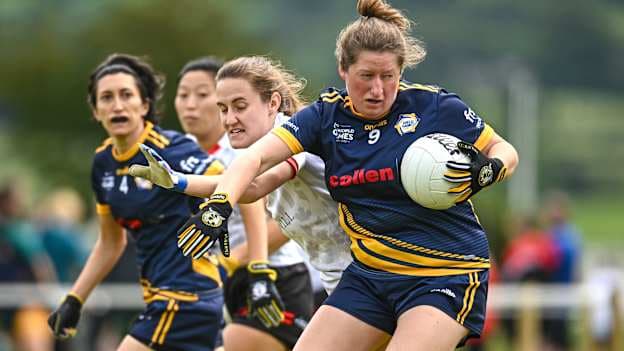 Justine Drouillay of Europe and Carly Bennett of Quebec during day one of the FRS Recruitment GAA World Games 2023 at the Owenbeg Centre of Excellence in Dungiven, Derry. Photo by Ramsey Cardy/Sportsfile.