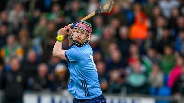 Diarmaid Ó Dúlaing of Dublin strike a penalty, which was saved, during the 2024 oneills.com Leinster GAA Hurling U20 Championship final match between Dublin and Offaly at Laois Hire O'Moore Park in Portlaoise, Laois. Photo by Ray McManus/Sportsfile