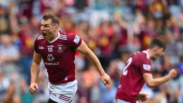 Westmeath's Kieran Martin celebrates after scoring a goal in the 2022 Tailteann Cup Final. Photo by Stephen McCarthy/Sportsfile