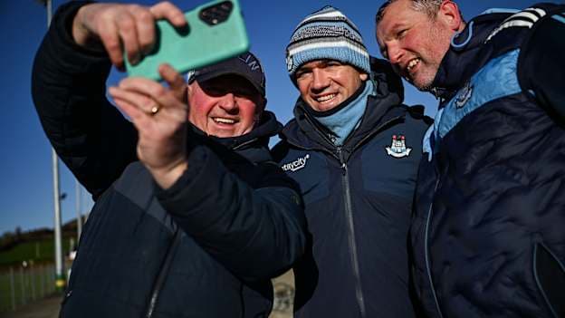 Dublin manager Ger Brennan poses for a picture with supporters Joe O'Shea, left, and Stephen Taggart before the Dioralyte O'Byrne Cup Round 1 match between Laois and Dublin at Park Ratheniska GAA Club in Ratheniska, Laois. Photo by David Fitzgerald/Sportsfile.